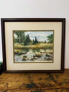 Framed River Landscape Watercolor Art in Brown Frame